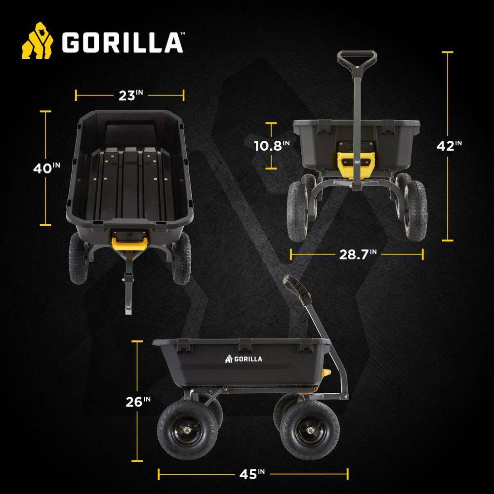 GORILLA CARTS 7 cu. ft. (40 in. x 27 in. x 11 in.), Patented Poly Bed Dumping Garden Cart, 1200 lbs. Capacity, Pull/Tow Handle Design GCG-7