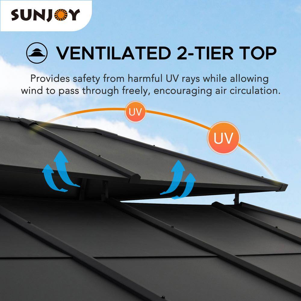 Sunjoy 12 ft. x 16 ft. Black Steel Gazebo with 2-tier Hip Roof Hardtop and Ceiling Hook and Removable Netting Sidewalls A102009141
