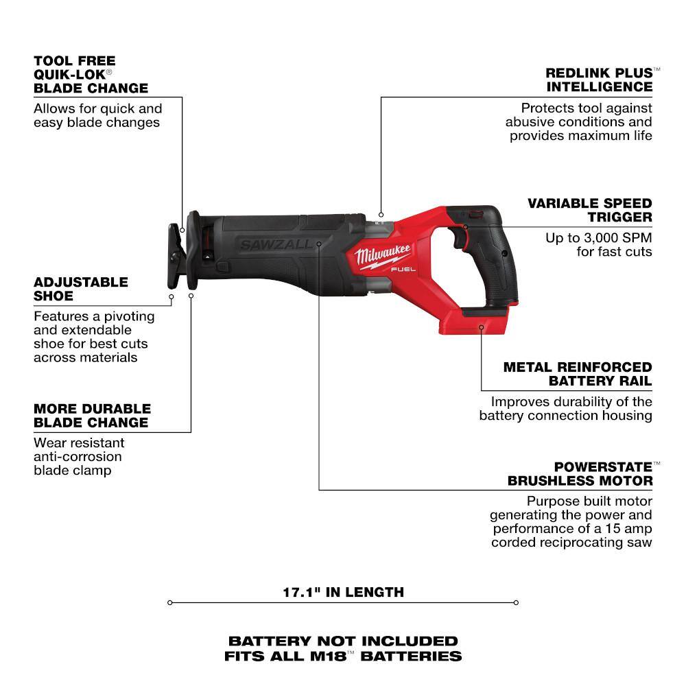 Milwaukee M18 FUEL GEN-2 18V Lithium-Ion Brushless Cordless SAWZALL Reciprocating Saw (Tool-Only) 2821-20