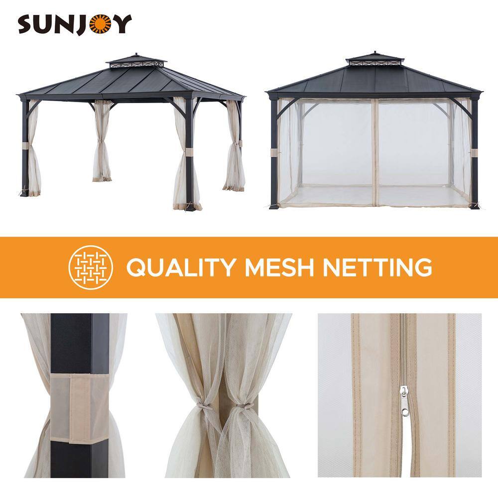 Sunjoy 11 ft. x 13 ft. Black Power-Coated 2-Tier Steel Roof Backyard Hardtop Gazebo with Metal Ceiling Hook and Netting A102006920