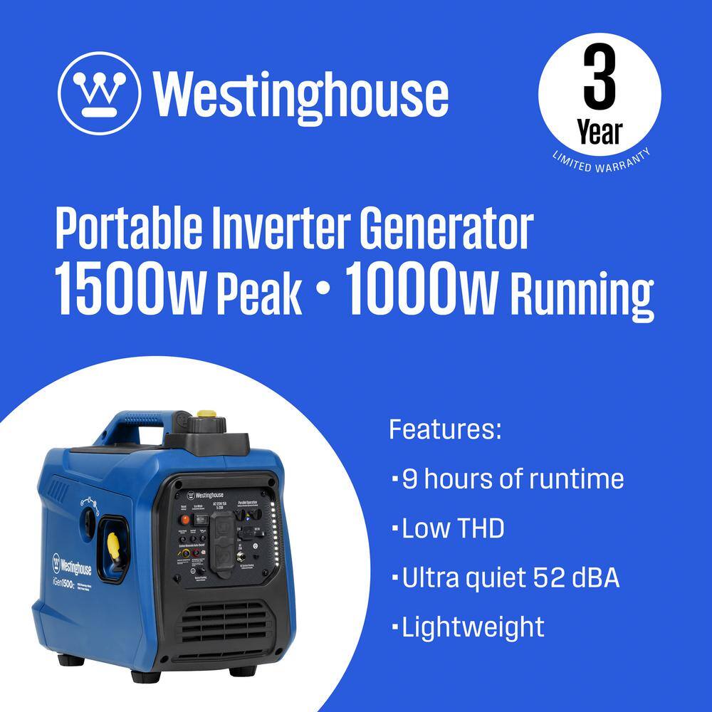 Westinghouse 1,500-Watt Gas Powered Portable Inverter Generator with Recoil Start and Quiet Technology iGen1500c
