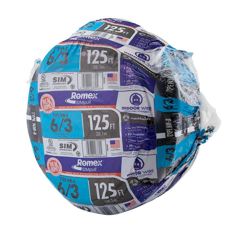 Southwire 125 ft. 6/3 Black Stranded Romex SIMpull CU NM-B W/G Wire 63950002