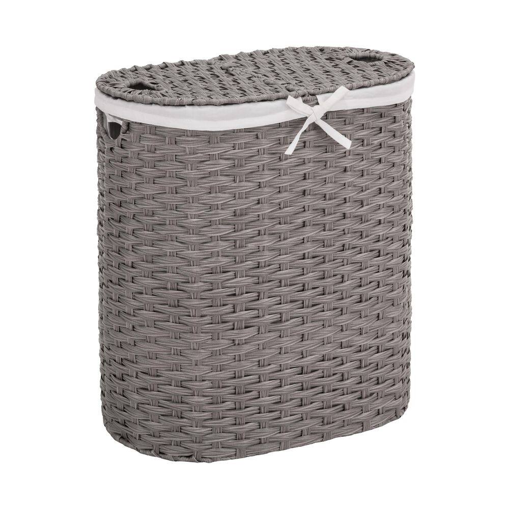 Seville Classics Gray 24 H x 22.75 W x 13 in. D Handwoven Plastic Contemporary Round Oval Double Laundry Room Hamper w/ Removable Liner STR06661B