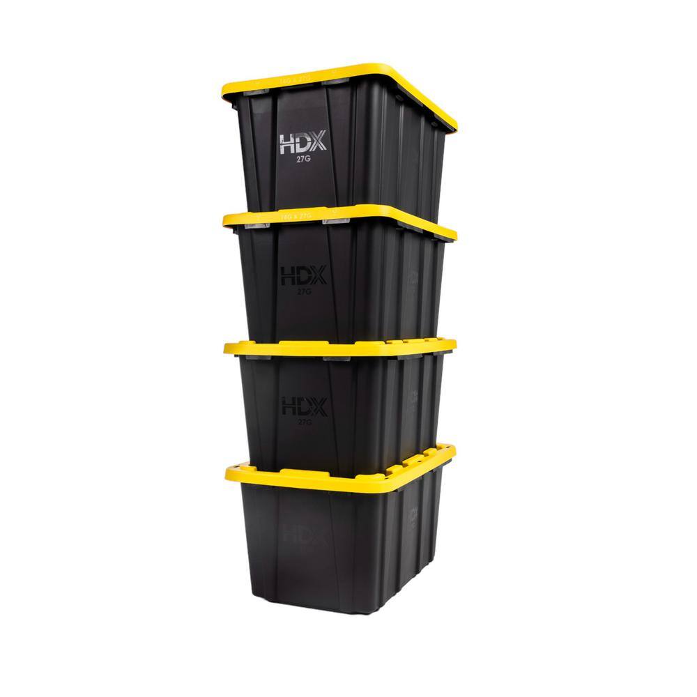 HDX 27 Gal. Tough Storage Tote in Black with Yellow Lid (4-Pack) 999-HDX-27G-4
