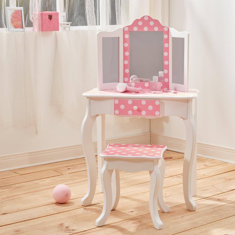 Teamson Kids Fantasy Fields Fashion Polka Dot Prints Gisele Play Vanity Set in Pink/White TD-11670F