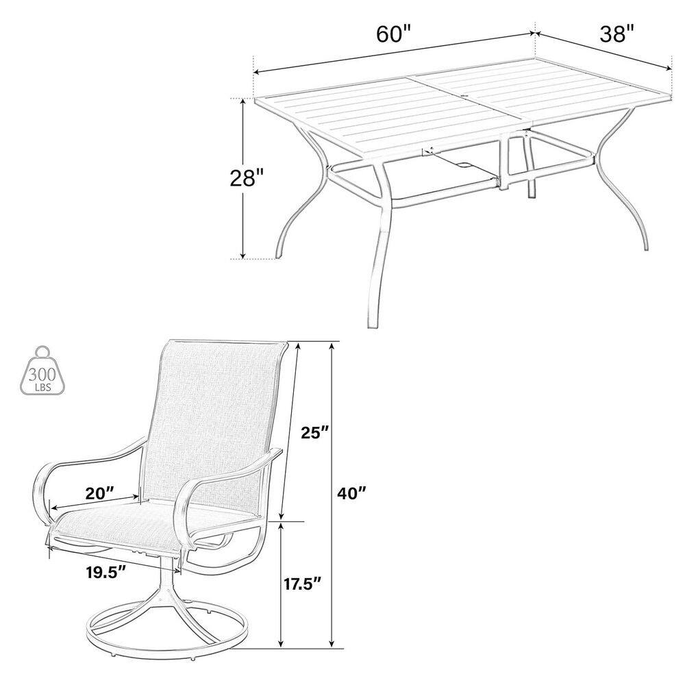 PHI VILLA Black 8-Piece Metal Patio Outdoor Dining Set with Slat Rectangle Table, Textilene Swivel Chairs and Beige Umbrella THD8-0604-93BM