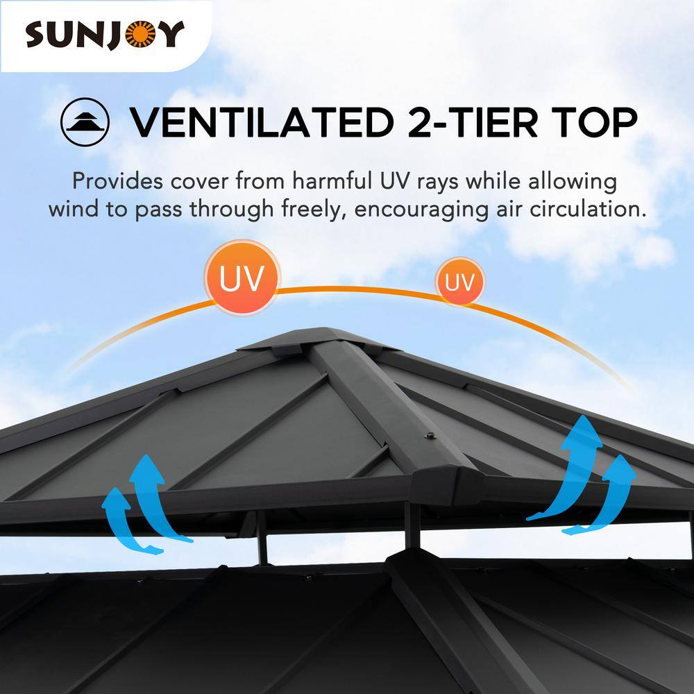 Sunjoy 11 ft. x 11 ft. Black 2-Tier Wooden Frame Hardtop Gazebo for Garden, Backyard Shade with Ceiling Hook A102007390