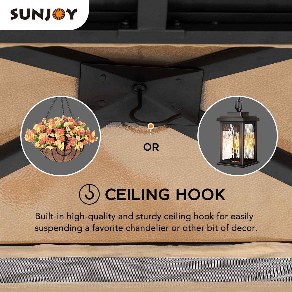Sunjoy 11 ft. x 13 ft. Black Power-Coated 2-Tier Steel Roof Backyard Hardtop Gazebo with Metal Ceiling Hook and Netting A102006920