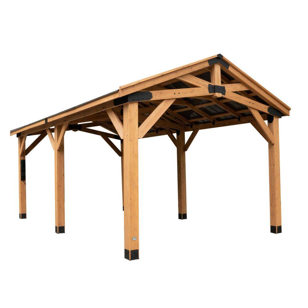 Backyard Discovery Norwood 20 ft. x 12 ft. All Cedar Wood Carport Pavilion Gazebo with Hard Top Steel Metal Peak Roof and Electric, Brown 2207011COM