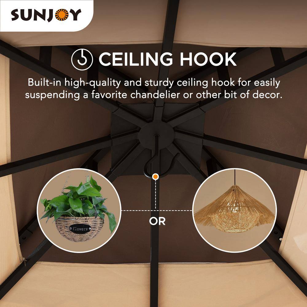 Sunjoy 9.5 ft. x 9.5 ft. 2-Tier Soft Top Gazebo Steel Outdoor Garden Gazebo with Ceiling Hook and Netting, Tan and Brown A101011100