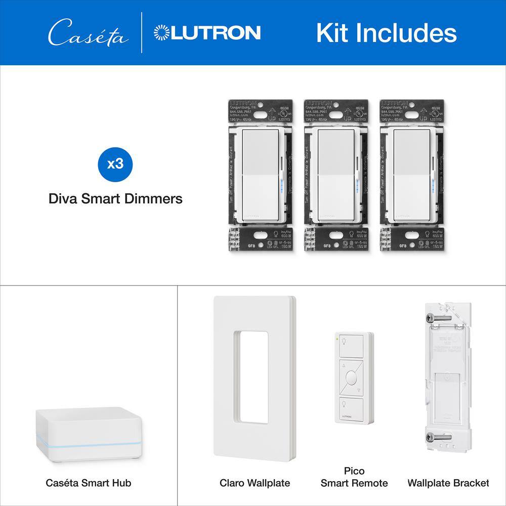 Lutron Diva Smart Dimmer Multi-Room Kit for Caseta Smart Lighting, with Smart Hub + Pico Remote, 150-Watt LED (DVRF-BDG-3D) DVRF-BDG-3D-HD