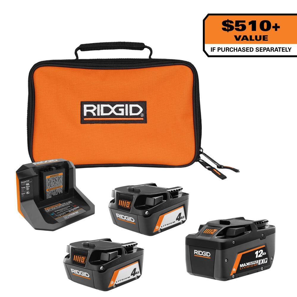 RIDGID 18V 12.0 Ah MAX Output EXP Lithium-Ion Battery with 18V (2) 4.0 Ah Batteries and Charger Kit AC93044SBN-AC840120