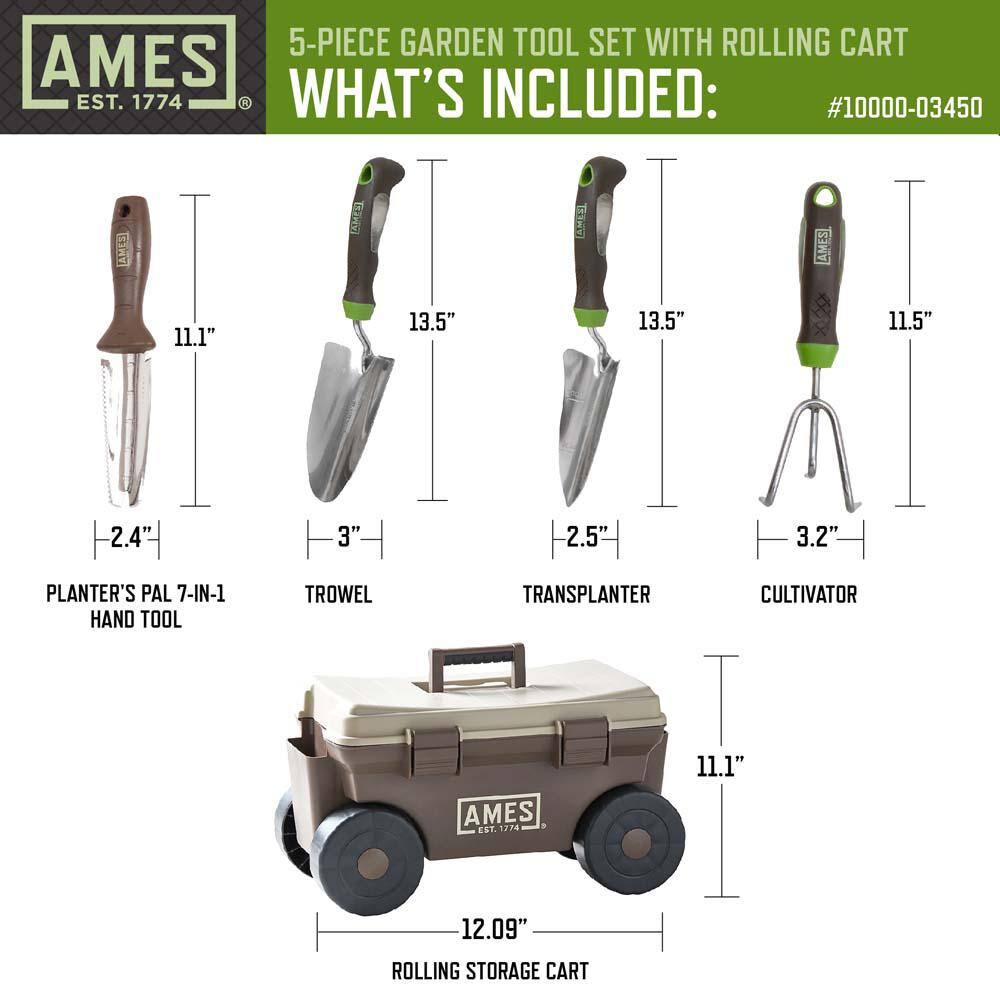 Ames 5-Piece Digging, Transferring, and Cultivating Garden Tool Set with Rolling Cart 10000-03450