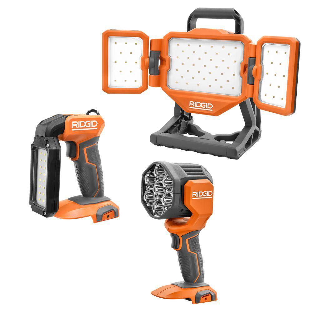 RIDGID 18V Cordless 3-Tool Combo Kit with LED Stick Light, LED Spotlight, and LED Hybrid Panel Light (Tools Only) R86689KSBN