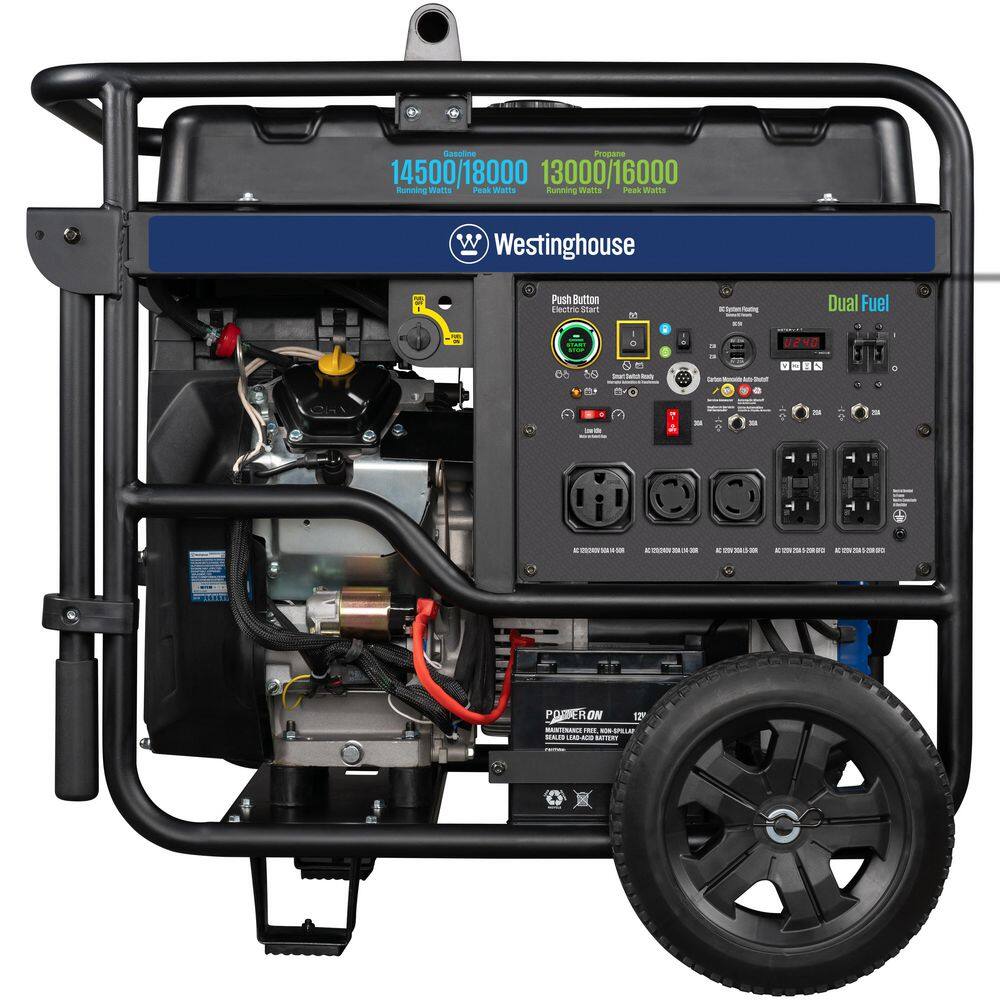 Westinghouse 18,000/14,500-Watt Dual Fuel Gas and Propane Portable Generator with Remote Electric Start, Low THD, and 50 Amp Outlet WGen14500DFc