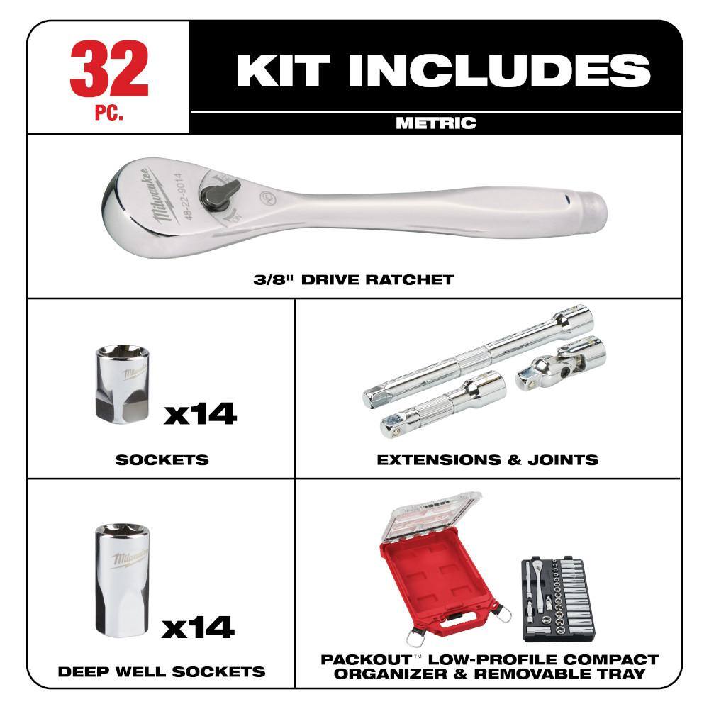 Milwaukee 3/8 in. Drive Metric Ratchet and Socket Mechanics Tool Set with PACKOUT Case and Packout Mounting Plate (33-Piece) 48-22-9482-48-22-8485