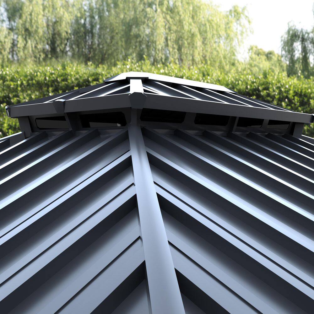 VEIKOUS 24 ft. x 14 ft. Wood Grain Aluminum Hardtop Gazebo Double Roof with Netting PG0201-24RT-4