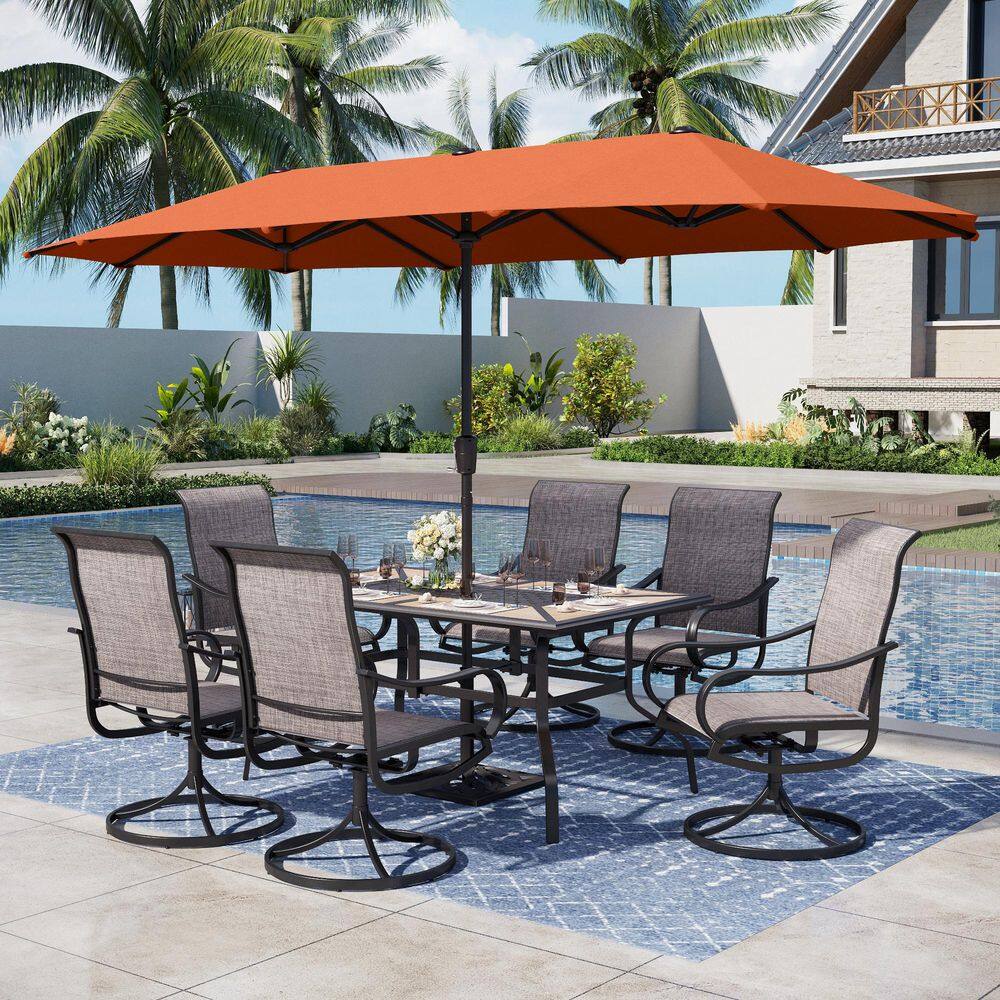PHI VILLA Black 8-Piece Metal Rectangle Patio Outdoor Dining Set with Geometric Table, Umbrella and Textilene Swivel Chairs THD8-104-93BR