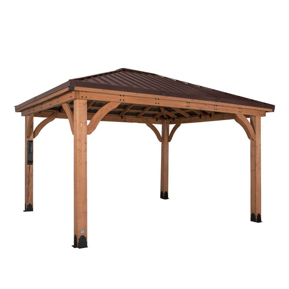 Backyard Discovery Barrington 14 ft. x 10 ft. All Cedar Wood Outdoor Gazebo Structure w/ Hard Top Steel Metal Hip Roof and Electric, Brown 2306042COM
