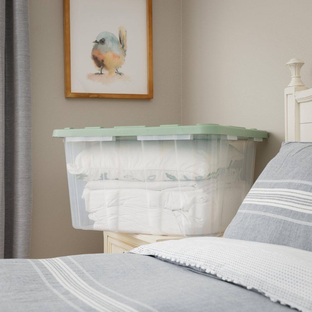 HDX 27 Gal. Tough Storage Tote in Clear with Versatile Green Lid (4-Pack) 999-HDX-272407C