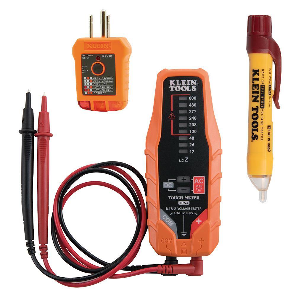 Klein Tools 3-Piece AC/DC Voltage Tester, 12V-1000-Volt AC Dual Range Non-Contact Voltage Tester & GFCI Receptacle Tester Tool Set M2O41267KIT
