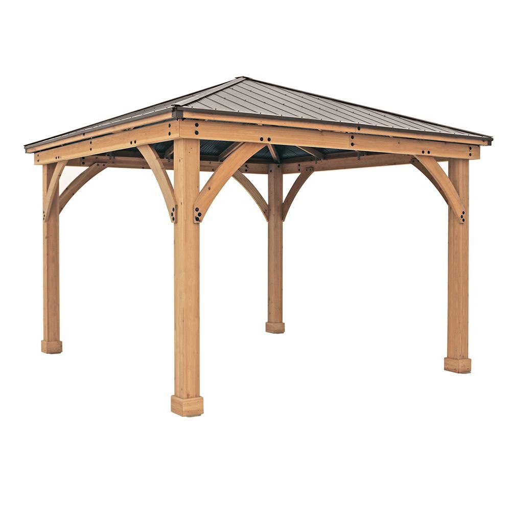 Yardistry Professionally Assembled Meridian 12 ft. x 12 ft. Premium Cedar Outdoor Patio Shade Gazebo with Brown Aluminum Roof 64003-2
