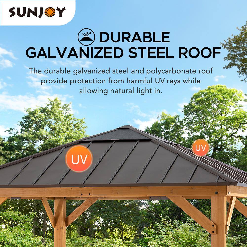 Sunjoy 11 ft. x 11 ft. Outdoor Patio Cedar Framed Hardtop Gazebo with Brown Steel Hip Roof and Frosted Polycarbonate Skylight A102007260