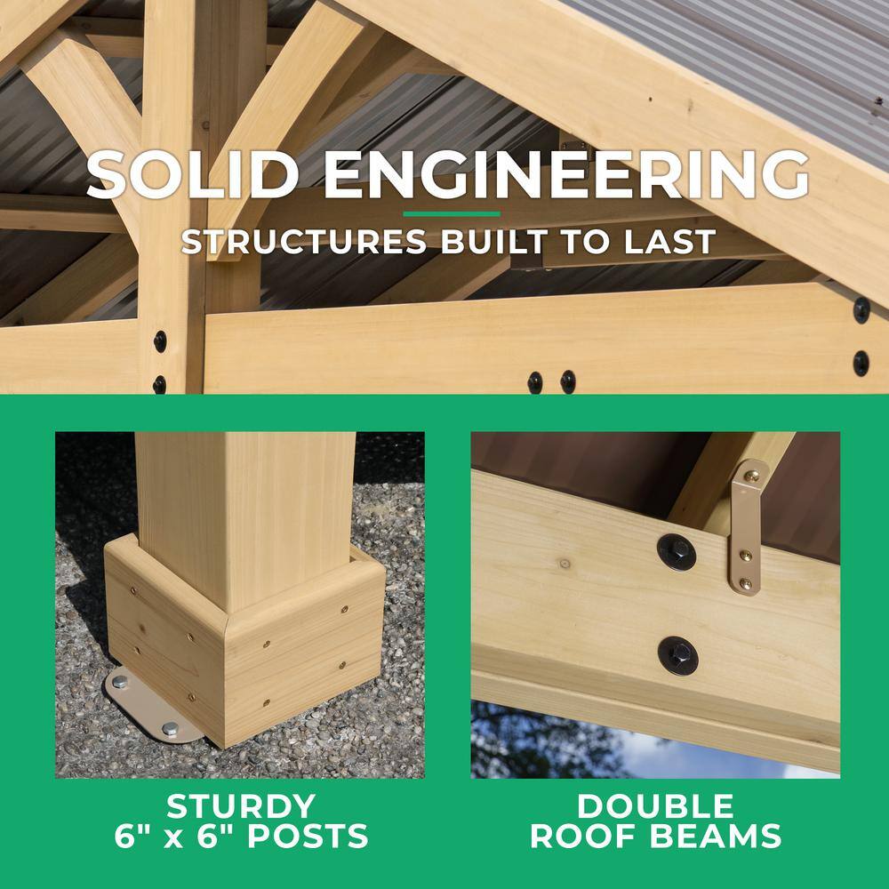 Yardistry Carolina 11 ft. x 13 ft. Premium Outdoor Cedar Backyard Patio Shade Pavilion with Brown Aluminum Gazebo Style Roof YM11726