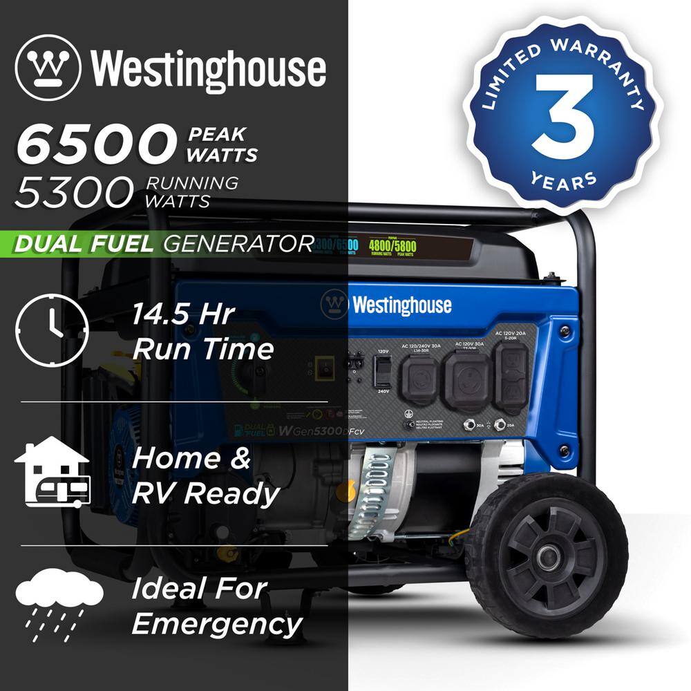 Westinghouse 6,500/5,300-Watt Dual Fuel Gas and Propane Powered Portable Generator with Digital Display, 30A 120/240V Outlet WGen5300DFcv