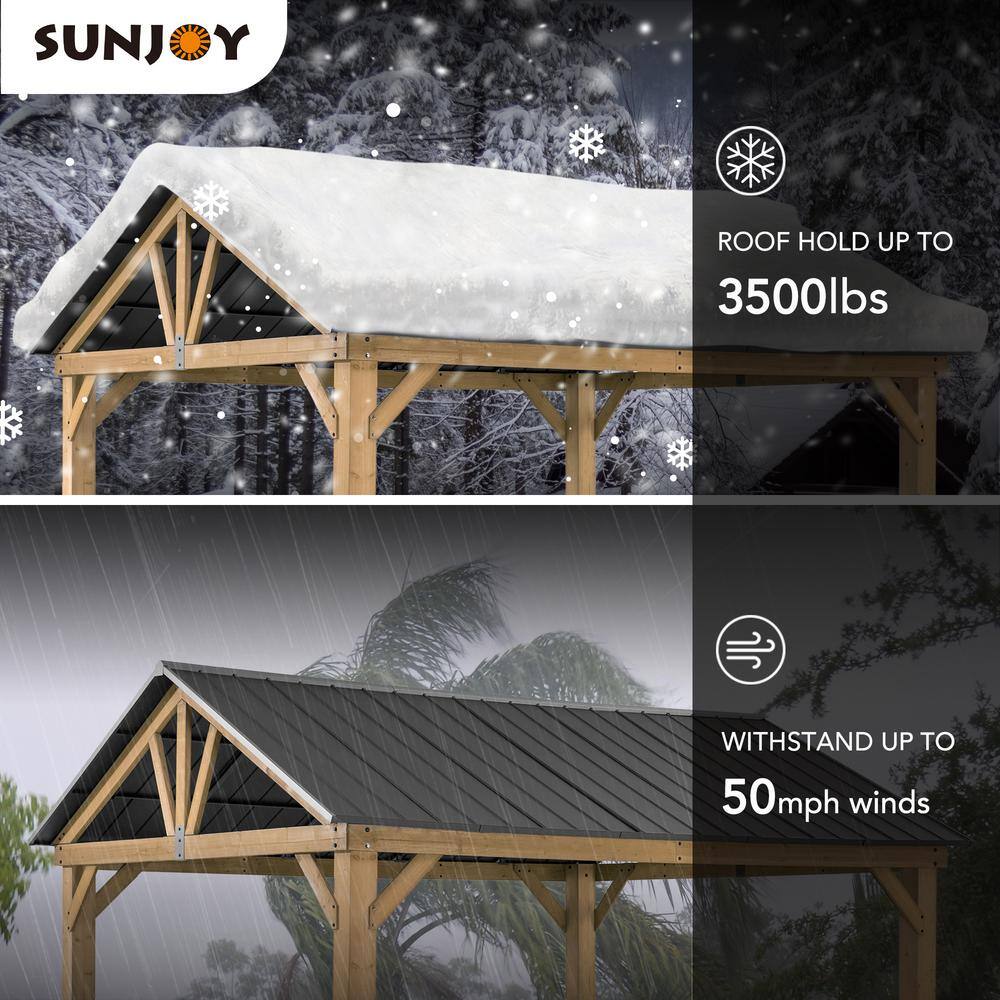 Sunjoy 11 ft. x 13 ft. Cedar Framed Gazebo with Matte-Black Steel Gable Hard Top Roof A102008001