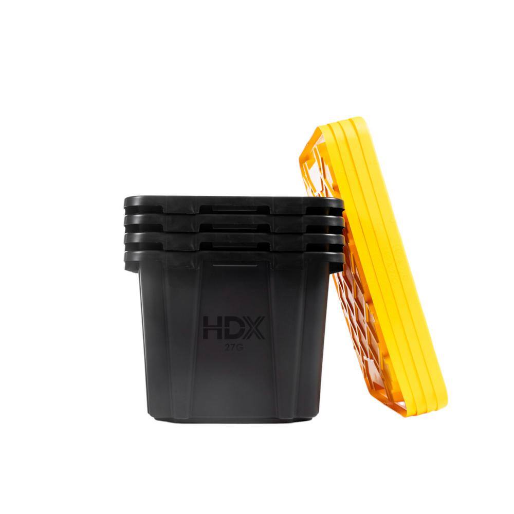 HDX 27 Gal. Tough Storage Tote in Black with Yellow Lid (4-Pack) 999-HDX-27G-4