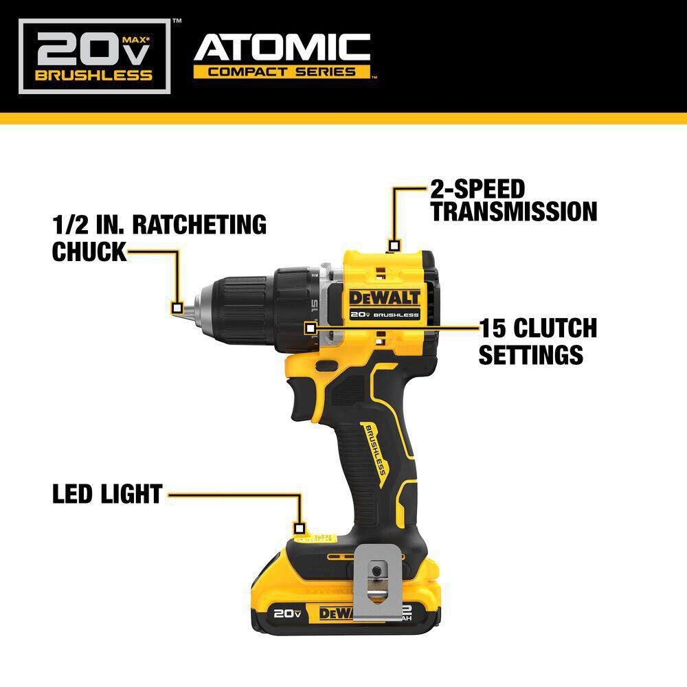 DEWALT ATOMIC 20V Lithium-Ion Cordless Compact 1/2 in. Drill/Driver Kit and Bluetooth Speaker with 2Ah Battery, Charger and Bag DCD794D1WDCR008