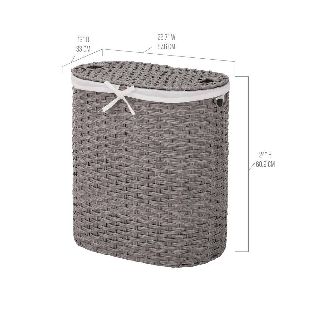 Seville Classics Gray 24 H x 22.75 W x 13 in. D Handwoven Plastic Contemporary Round Oval Double Laundry Room Hamper w/ Removable Liner STR06661B