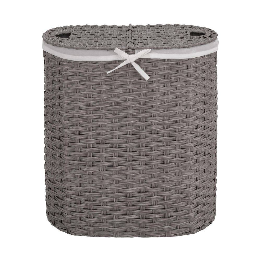 Seville Classics Gray 24 H x 22.75 W x 13 in. D Handwoven Plastic Contemporary Round Oval Double Laundry Room Hamper w/ Removable Liner STR06661B