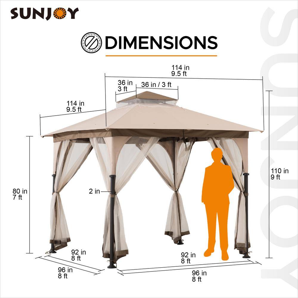 Sunjoy 9.5 ft. x 9.5 ft. 2-Tier Soft Top Gazebo Steel Outdoor Garden Gazebo with Ceiling Hook and Netting, Tan and Brown A101011100
