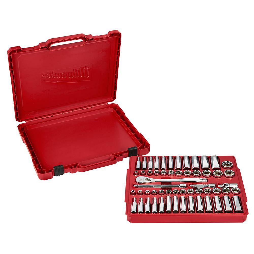 Milwaukee 3/8 in. Drive SAE/Metric Mechanics Tool Set (62-Piece) with PACKOUT 3-Drawer Tool Box 48-22-9008-48-22-2706-48-22-8443