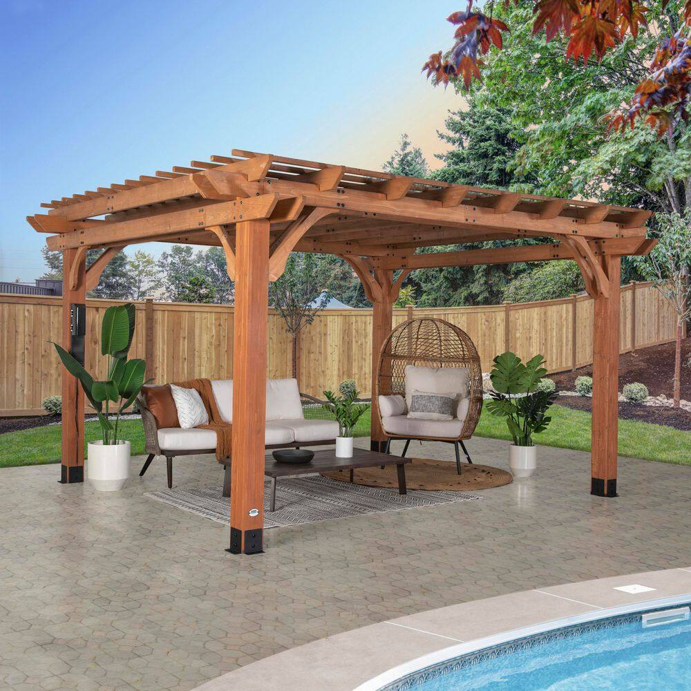Backyard Discovery Beaumont 14 ft. x 12 ft. Light Brown Traditional Outdoor All Cedar Wood Patio Pergola Shade Structure with Electric 2101555COM