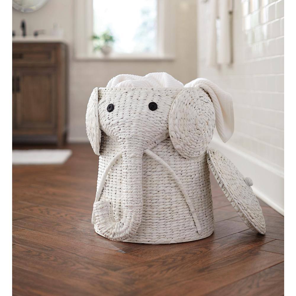 Home Decorators Collection Elephant White Woven Wicker Round Laundry Room Hamper Basket with Lid (16" W) 1641800410