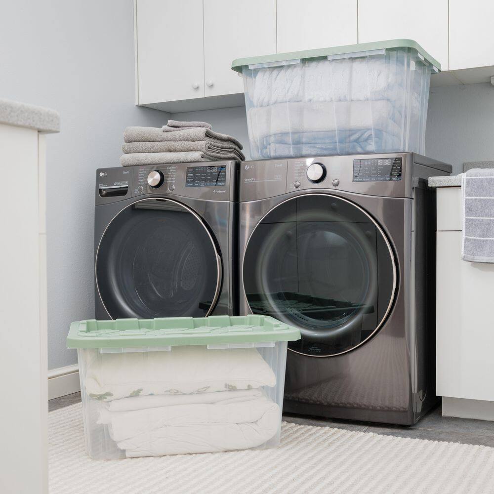 HDX 27 Gal. Tough Storage Tote in Clear with Versatile Green Lid (4-Pack) 999-HDX-272407C