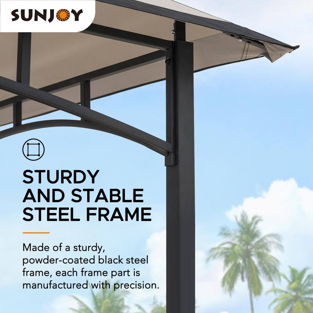 Sunjoy 5 ft. x 8 ft. 2-Tier Soft Top Gazebo Black Steel Grill Gazebo with Ceiling Hook and Shelves, Gray and Black Canopy A103002201