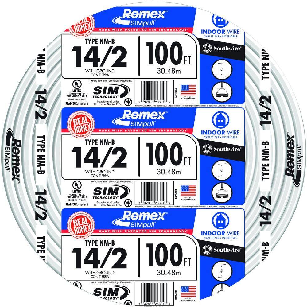 Southwire 100 ft. 14/2 Solid Romex SIMpull CU NM-B W/G Wire 28827428