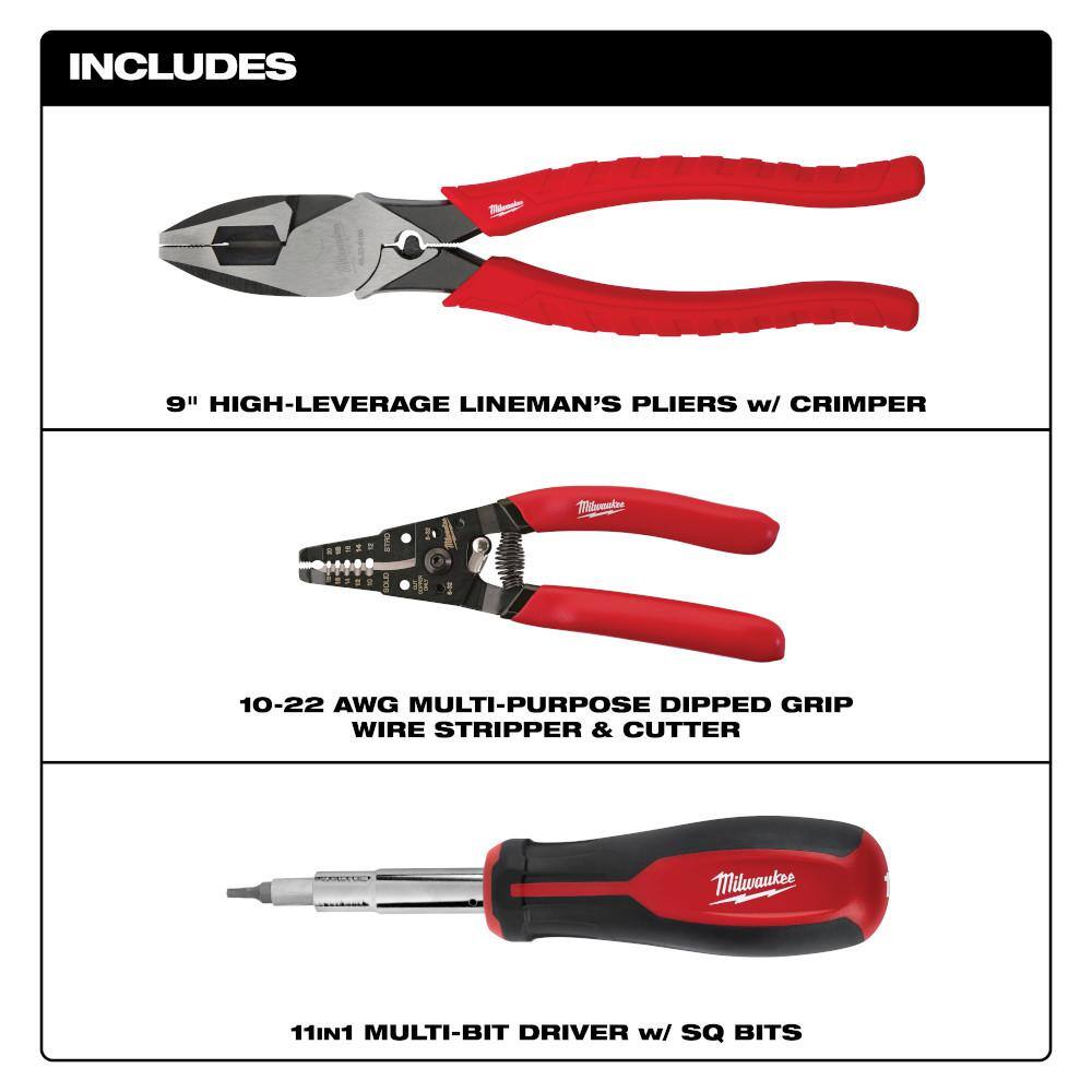 Milwaukee Electrician's Screwdriver, Lineman's Plier & Wire Stripper Hand Tool Kit (3-Piece) 48-22-3097