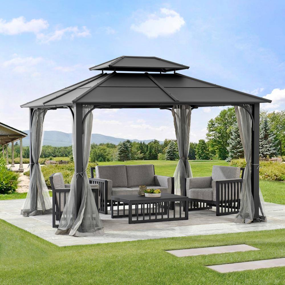 Sunjoy 10 ft. x 12 ft. Black Steel Hardtop Gazebo with 2-Tier Hip Roof and Ceiling Hook and Removable Netting Sidewalls A102009121