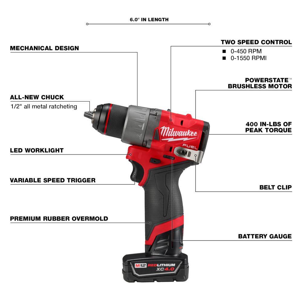 Milwaukee M12 FUEL 12-Volt Lithium-Ion Brushless Cordless Hammer Drill and Impact Driver Combo Kit w/4 Batteries and Bag (2-Tool) 3497-22-48-11-2412