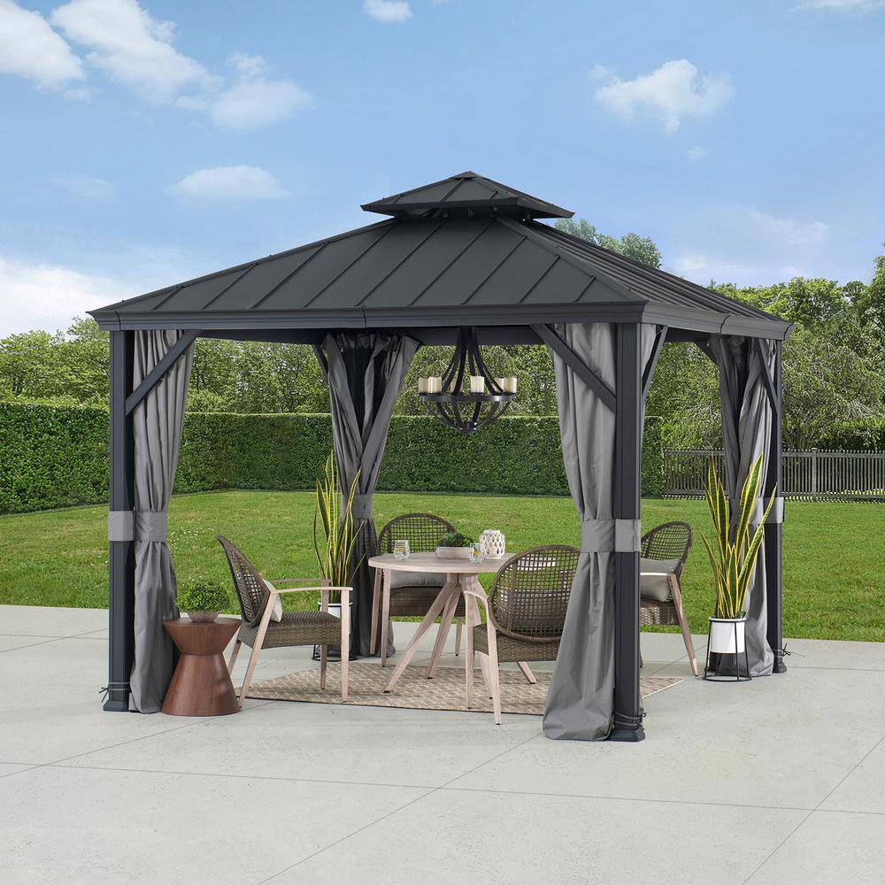 Sunjoy 10 ft. x 10 ft. Aluminum Frame and Black Power-Coated 2-Tier Steel Hardtop Gazebo for Backyard with Netting and Curtain A102012121