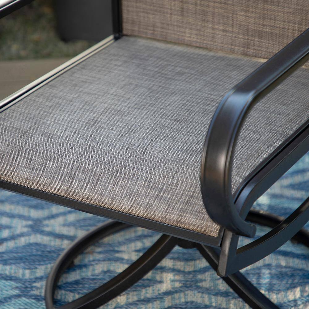 PHI VILLA Black 8-Piece Metal Patio Outdoor Dining Set with Slat Rectangle Table, Textilene Swivel Chairs and Beige Umbrella THD8-0604-93BM