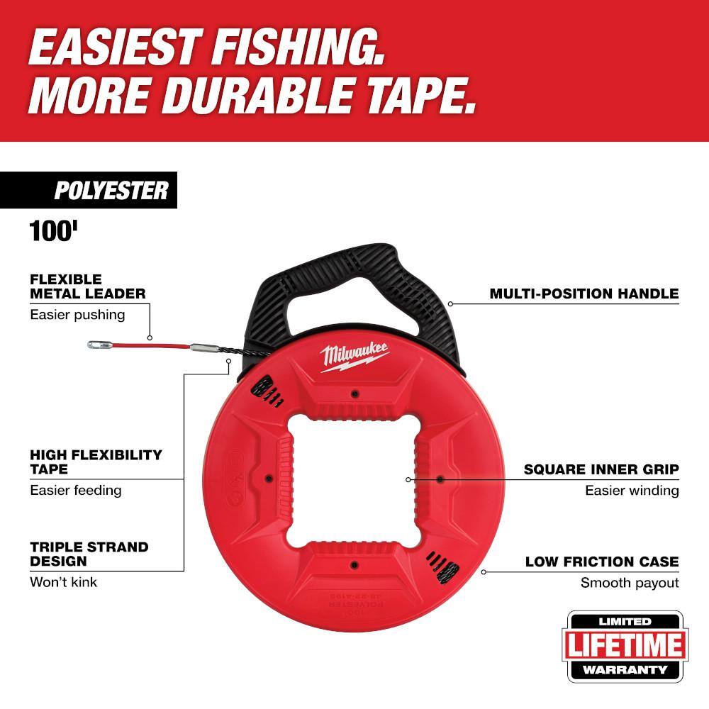 Milwaukee 100 ft. x 13 in. Polyester Fish Tape with Flexible Metal Leader and Rasping Jab Saw 48-22-4195-48-22-0104