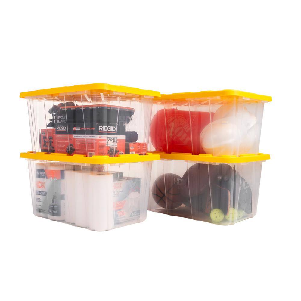 HDX 27 Gal. Tough Storage Tote in Clear with Yellow Lid (4-Pack) 999-HDX-27G-C4