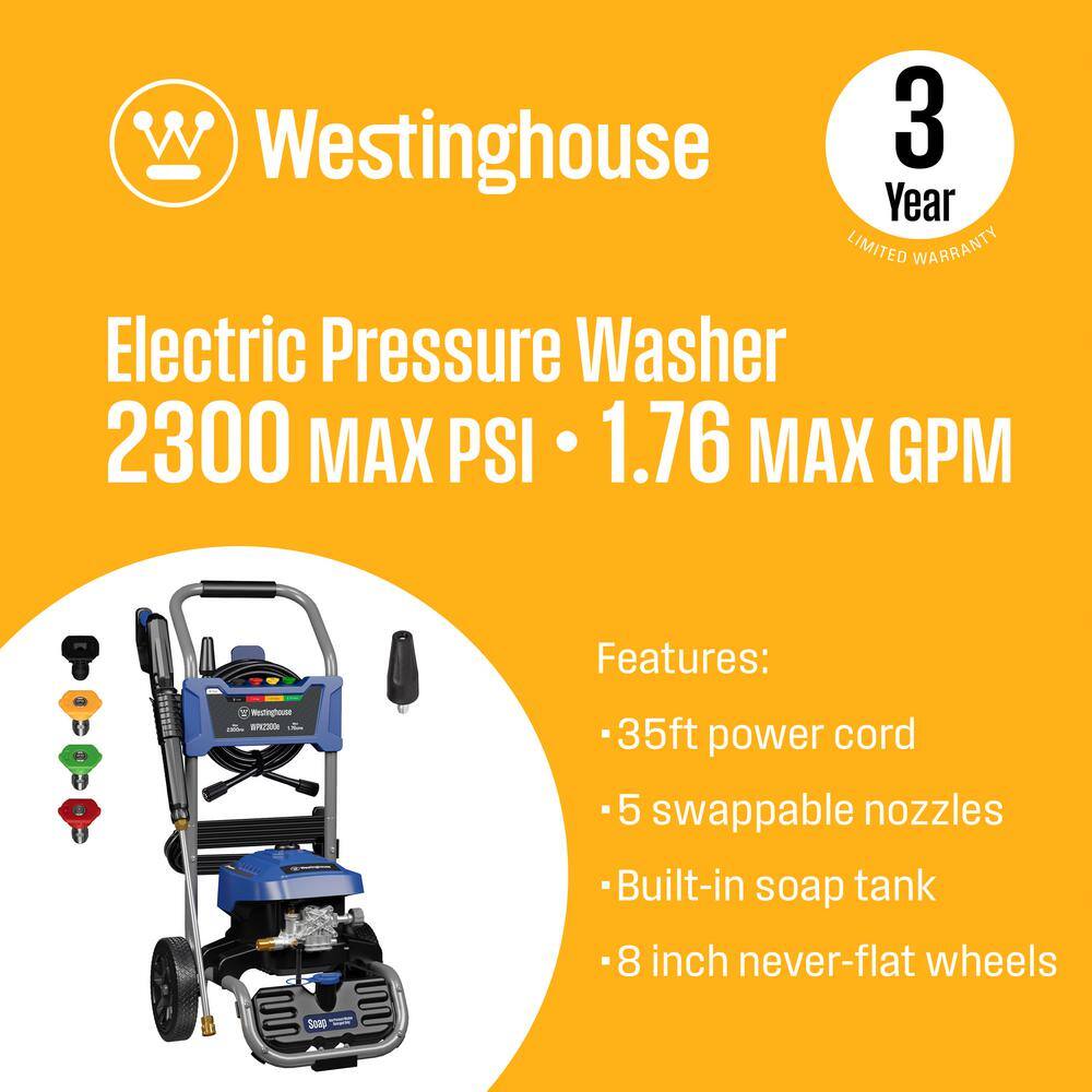Westinghouse 2300 PSI 1.76 GPM 13 Amp Cold Water Electric Powered Pressure Washer with Turbo Nozzle and 5-Quick Connect Tips WPX2300e