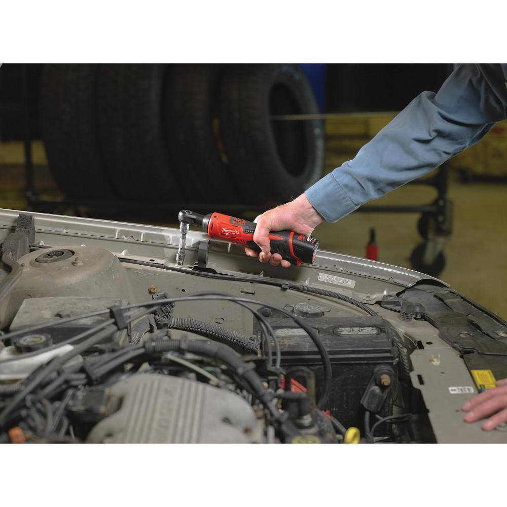 Milwaukee M12 12V 3/8 in. Lithium-Ion Cordless Ratchet Kit w/3/8 in. Drive SAE/Metric Mechanics & Impact Socket Set (100-Piece) 2457-21-48-22-9008-49-66-7009